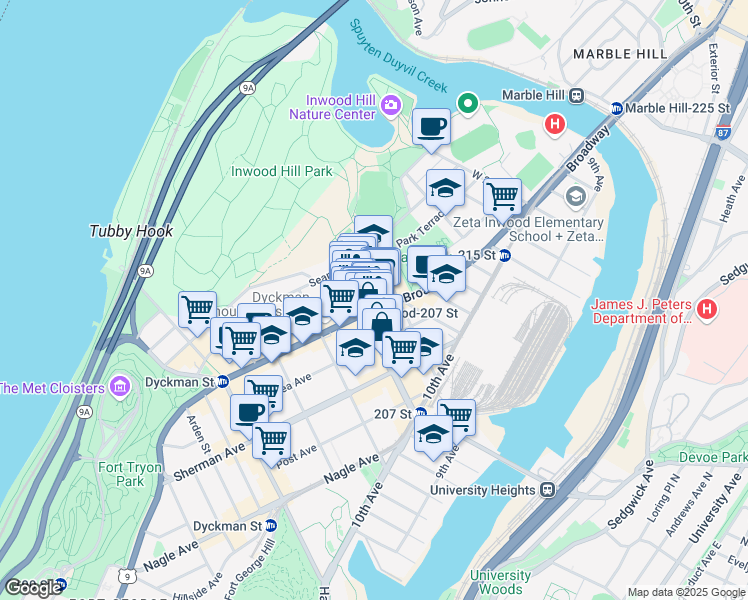 map of restaurants, bars, coffee shops, grocery stores, and more near 4953 Broadway in New York