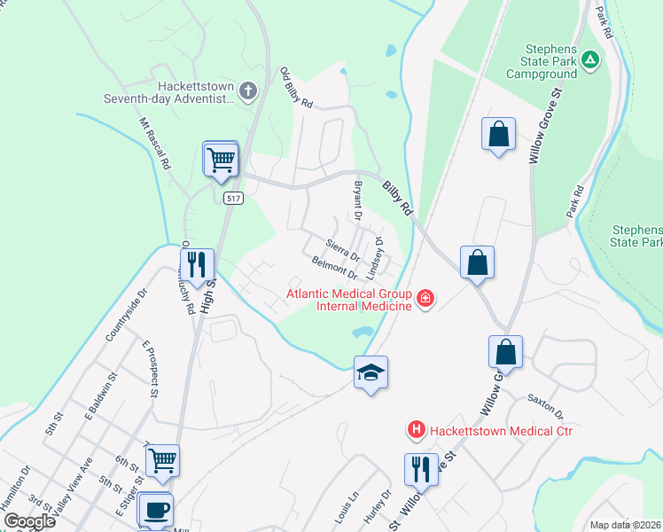 map of restaurants, bars, coffee shops, grocery stores, and more near 838 Belmont Drive in Hackettstown