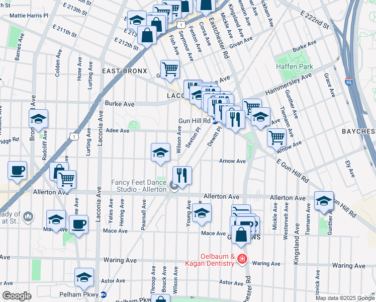 map of restaurants, bars, coffee shops, grocery stores, and more near 2863 Dewitt Place in Bronx