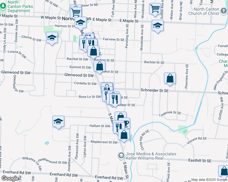 map of restaurants, bars, coffee shops, grocery stores, and more near 209 Rose Lane Street Southeast in North Canton