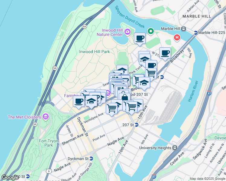 map of restaurants, bars, coffee shops, grocery stores, and more near 4942 Broadway in New York