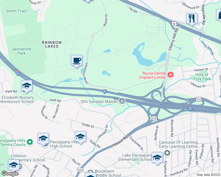 map of restaurants, bars, coffee shops, grocery stores, and more near 369 Interpace Parkway in Parsippany-Troy Hills
