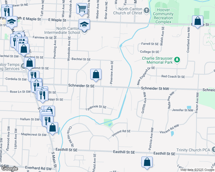 map of restaurants, bars, coffee shops, grocery stores, and more near 1015 Schneider Street Southeast in North Canton