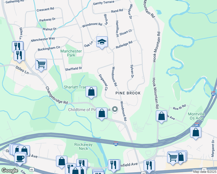 map of restaurants, bars, coffee shops, grocery stores, and more near 18 Dogwood Circle in Montville