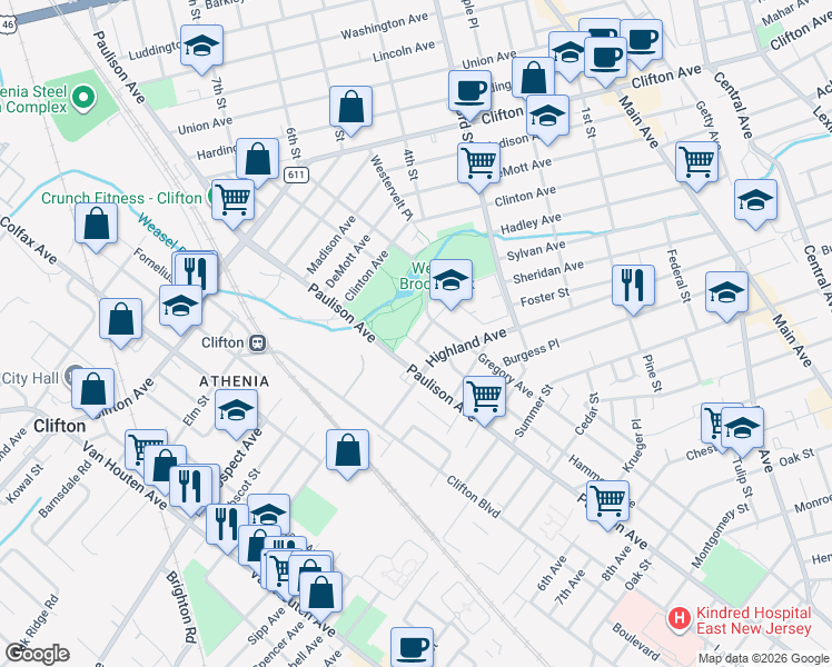 map of restaurants, bars, coffee shops, grocery stores, and more near 728 Paulison Avenue in Clifton