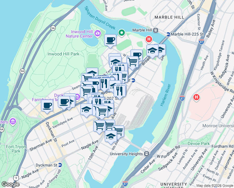 map of restaurants, bars, coffee shops, grocery stores, and more near 517 West 212th Street in New York