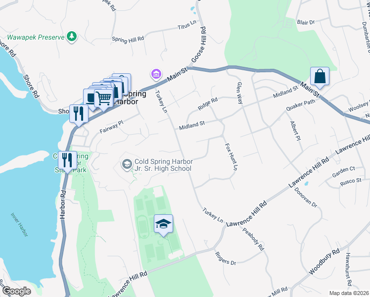 map of restaurants, bars, coffee shops, grocery stores, and more near 67 Turkey Lane in Cold Spring Harbor
