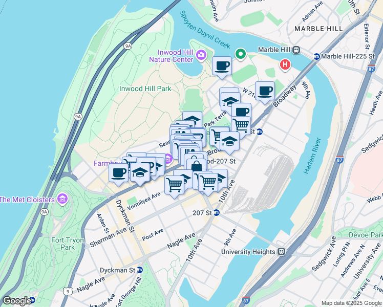 map of restaurants, bars, coffee shops, grocery stores, and more near 4953 Broadway in New York