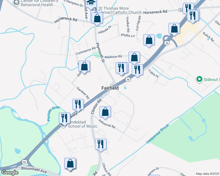 map of restaurants, bars, coffee shops, grocery stores, and more near in Fairfield