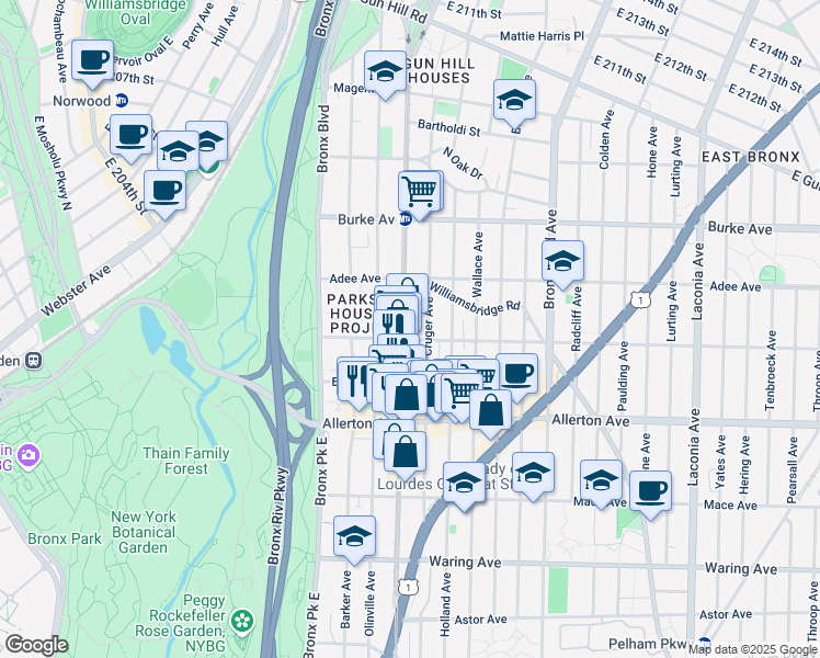 map of restaurants, bars, coffee shops, grocery stores, and more near 2853 White Plains Road in The Bronx