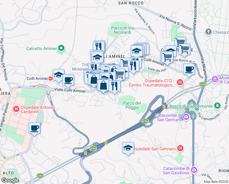 map of restaurants, bars, coffee shops, grocery stores, and more near Via delle Mimose in Naples
