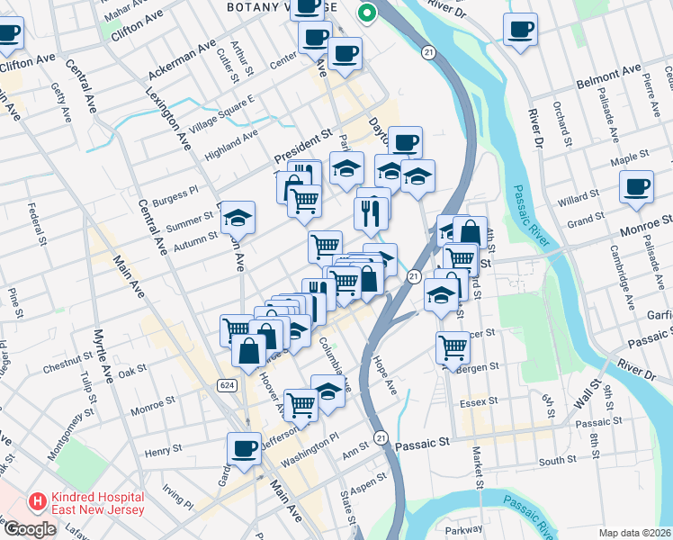 map of restaurants, bars, coffee shops, grocery stores, and more near 44 Quincy Street in Passaic