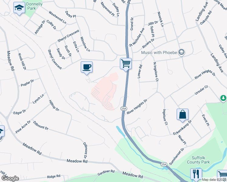 map of restaurants, bars, coffee shops, grocery stores, and more near 52 New York 25A in Smithtown