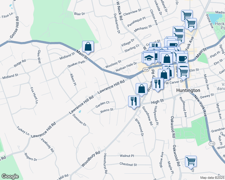 map of restaurants, bars, coffee shops, grocery stores, and more near 65 Carley Avenue in Huntington