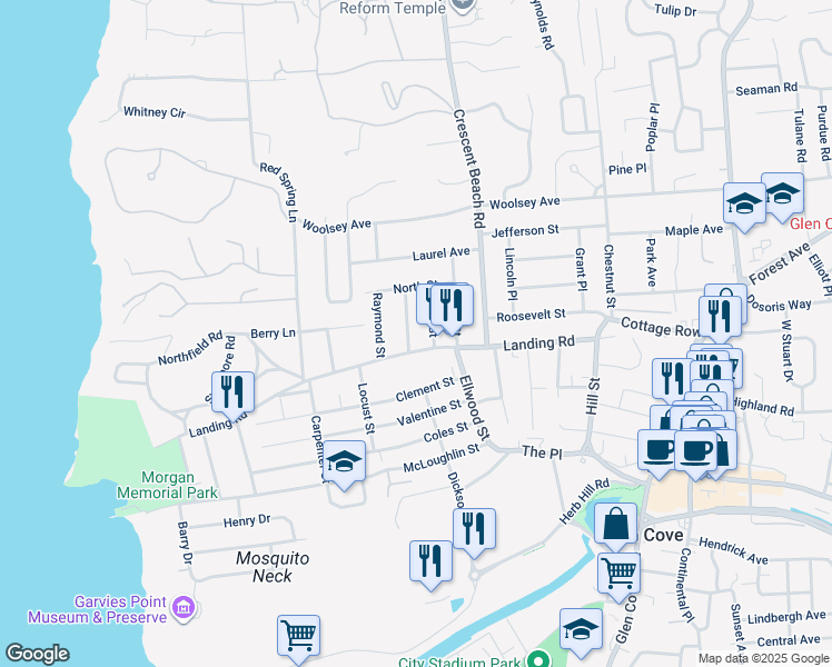 map of restaurants, bars, coffee shops, grocery stores, and more near 75 Landing Road in Glen Cove