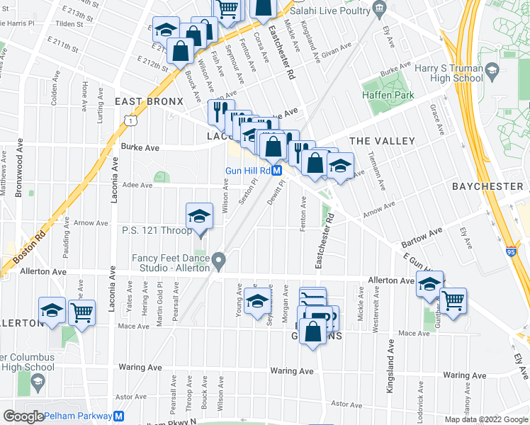 map of restaurants, bars, coffee shops, grocery stores, and more near 2903 Seymour Avenue in The Bronx