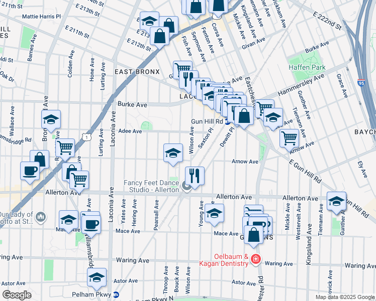 map of restaurants, bars, coffee shops, grocery stores, and more near 1282 Arnow Avenue in Bronx