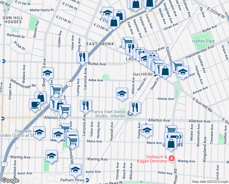 map of restaurants, bars, coffee shops, grocery stores, and more near 1238 Arnow Avenue in Bronx