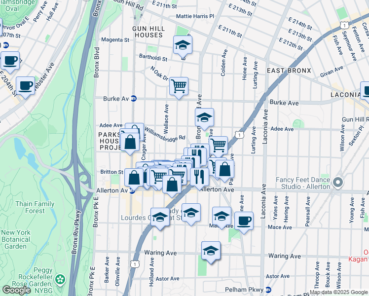 map of restaurants, bars, coffee shops, grocery stores, and more near 2766 Barnes Avenue in Bronx