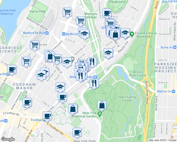 map of restaurants, bars, coffee shops, grocery stores, and more near 2985 Botanical Square in The Bronx