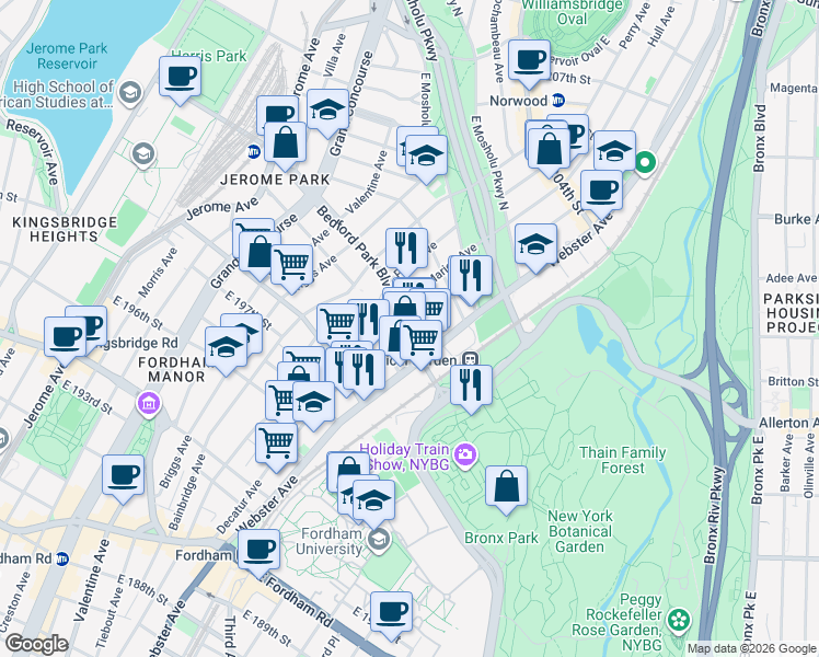 map of restaurants, bars, coffee shops, grocery stores, and more near 396 Bedford Park Boulevard in Bronx