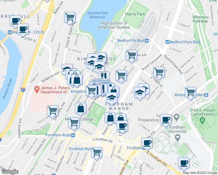map of restaurants, bars, coffee shops, grocery stores, and more near 1E East Kingsbridge Road in Bronx