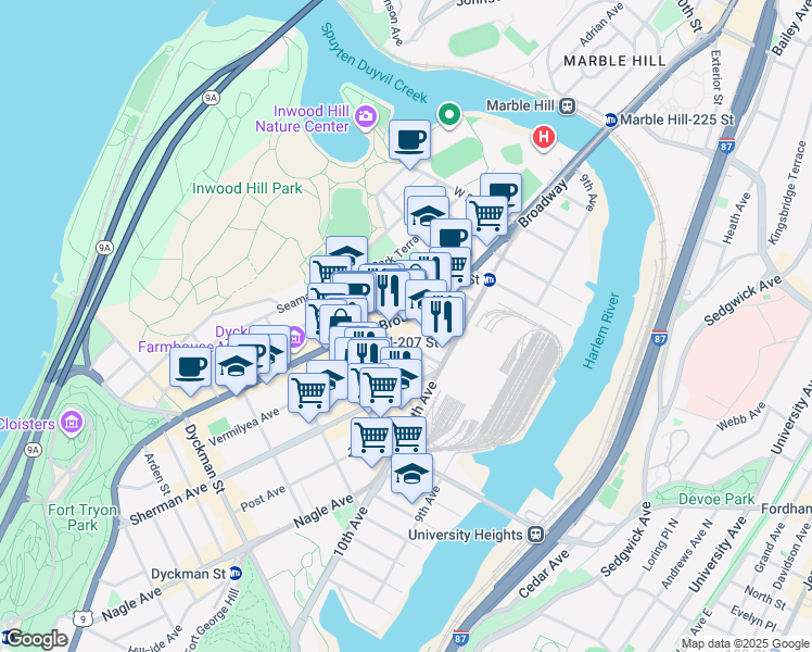 map of restaurants, bars, coffee shops, grocery stores, and more near 526 West 211th Street in New York