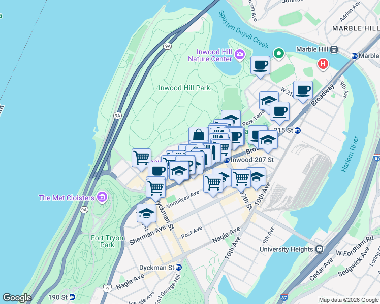 map of restaurants, bars, coffee shops, grocery stores, and more near 10 Cooper Street in New York