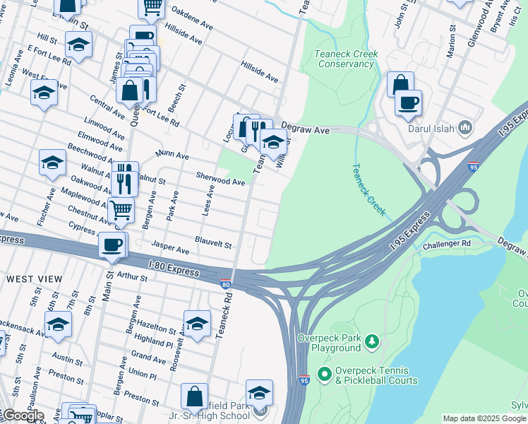 map of restaurants, bars, coffee shops, grocery stores, and more near 112 Parkview Drive in Teaneck