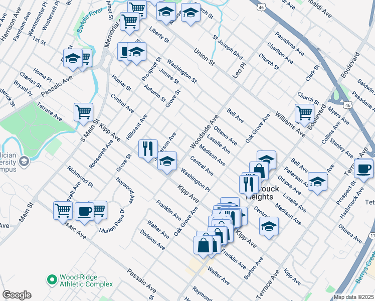 map of restaurants, bars, coffee shops, grocery stores, and more near 14 Central Avenue in Hasbrouck Heights