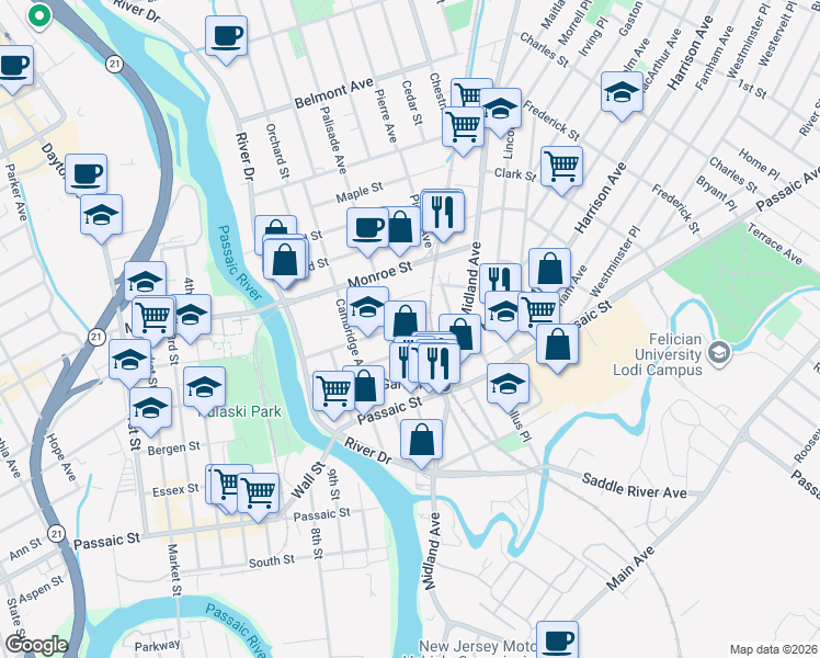 map of restaurants, bars, coffee shops, grocery stores, and more near 101 Palisade Avenue in Garfield