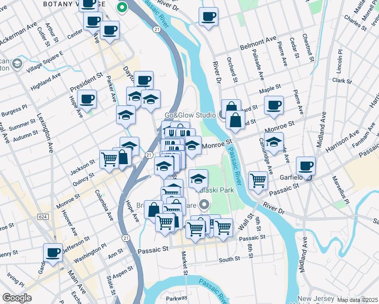 map of restaurants, bars, coffee shops, grocery stores, and more near 14 Hudson Street in Passaic