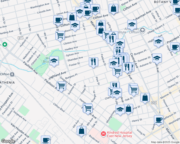 map of restaurants, bars, coffee shops, grocery stores, and more near 251 Summer Street in Passaic