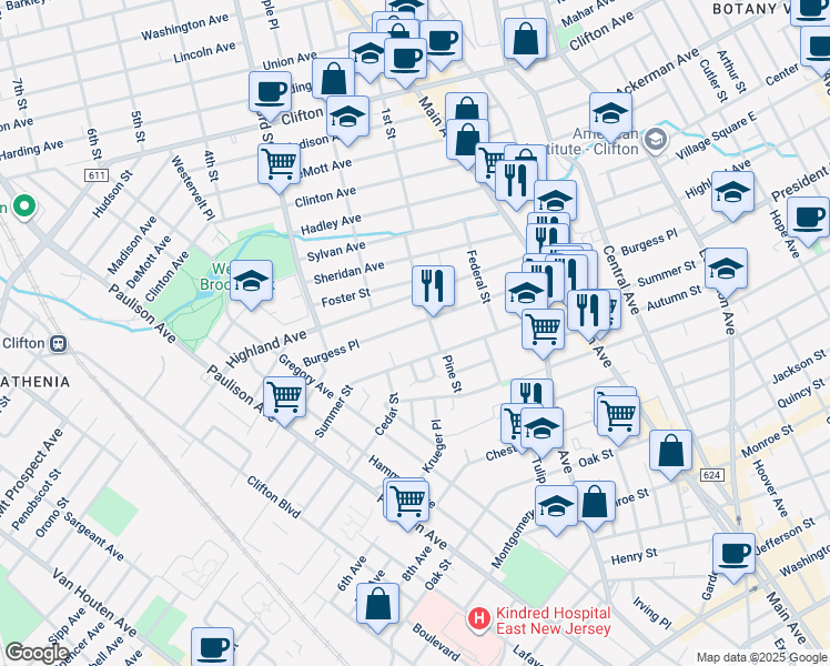 map of restaurants, bars, coffee shops, grocery stores, and more near 251 Summer Street in Passaic