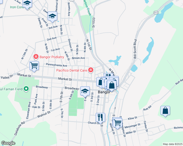 map of restaurants, bars, coffee shops, grocery stores, and more near 25 North 3rd Street in Bangor