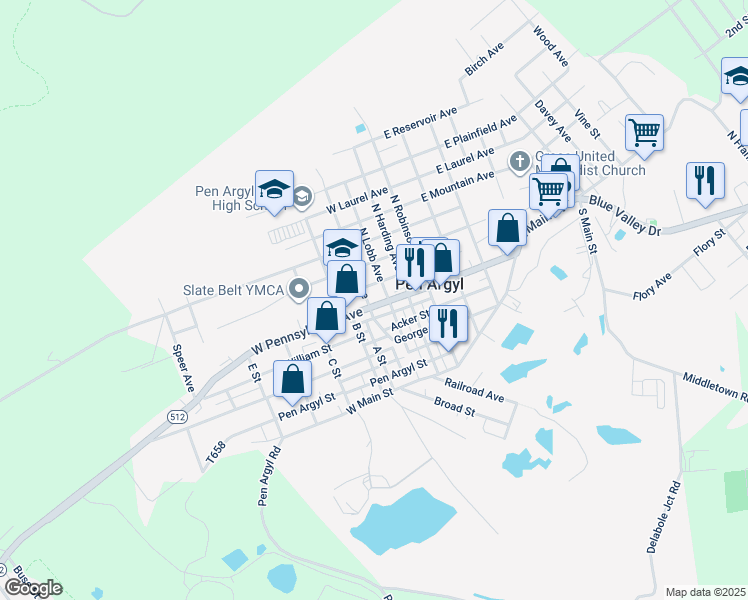 map of restaurants, bars, coffee shops, grocery stores, and more near 12 B Street in Pen Argyl