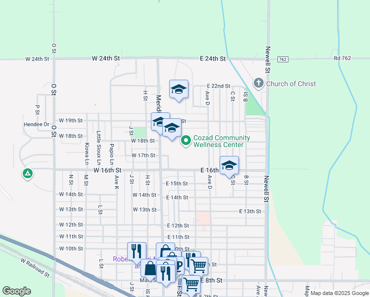 map of restaurants, bars, coffee shops, grocery stores, and more near 1710 Meridian Avenue in Cozad