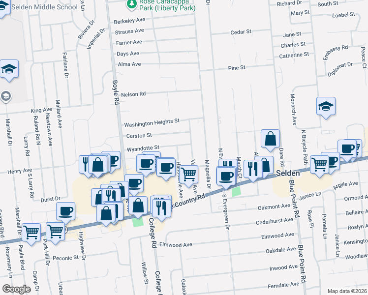 map of restaurants, bars, coffee shops, grocery stores, and more near 44 Handsome Avenue in Selden