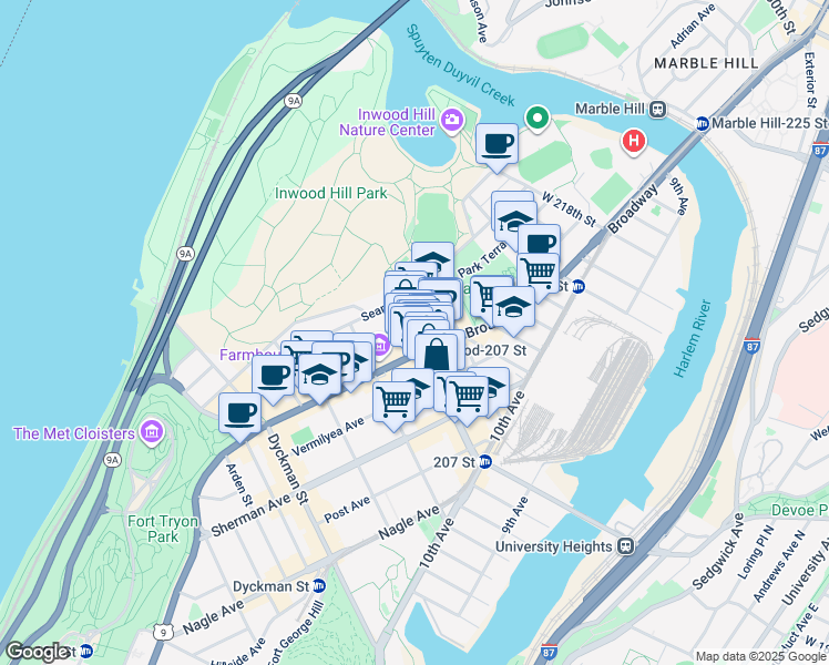 map of restaurants, bars, coffee shops, grocery stores, and more near 627 West 207th Street in New York