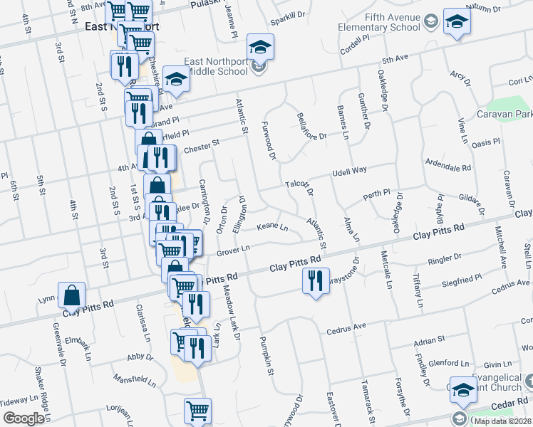 map of restaurants, bars, coffee shops, grocery stores, and more near 75 Keane Lane in East Northport