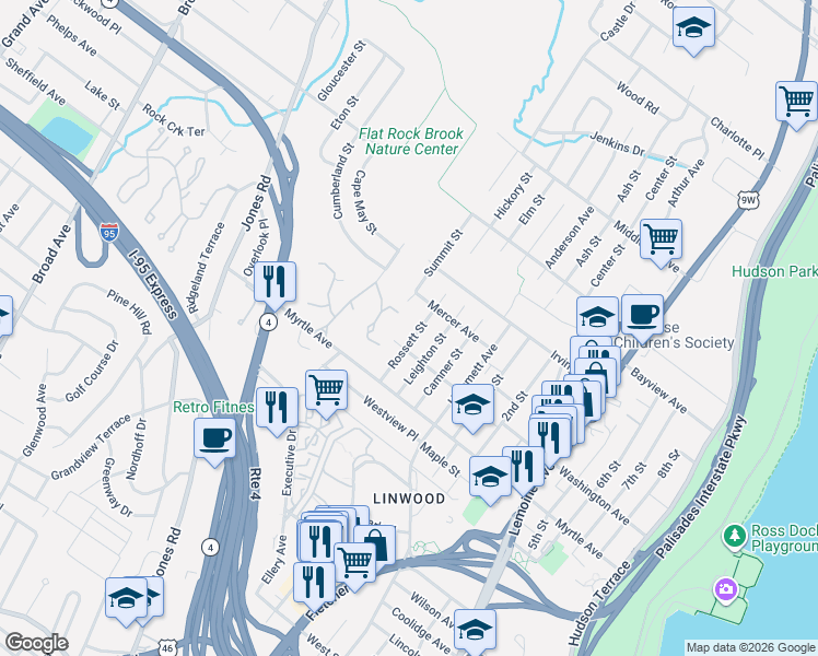 map of restaurants, bars, coffee shops, grocery stores, and more near 2455 Rossett Street in Fort Lee
