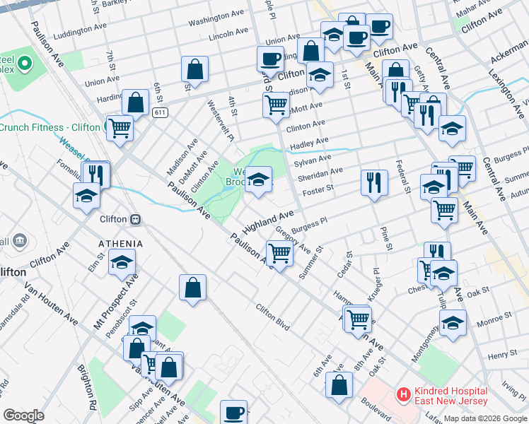 map of restaurants, bars, coffee shops, grocery stores, and more near 663 Gregory Avenue in Clifton