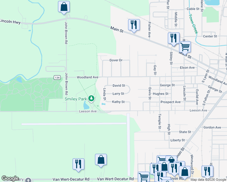 map of restaurants, bars, coffee shops, grocery stores, and more near 1317 Kathy Street in Van Wert