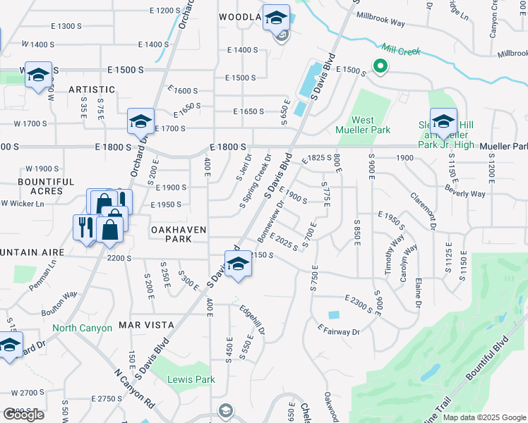 map of restaurants, bars, coffee shops, grocery stores, and more near 1973 South Davis Boulevard in Bountiful