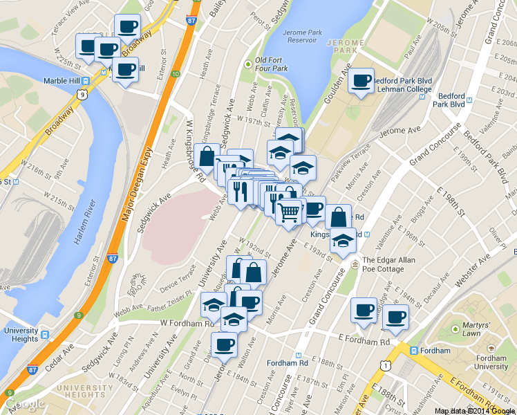 map of restaurants, bars, coffee shops, grocery stores, and more near 67 W Kingsbridge Rd in Bronx