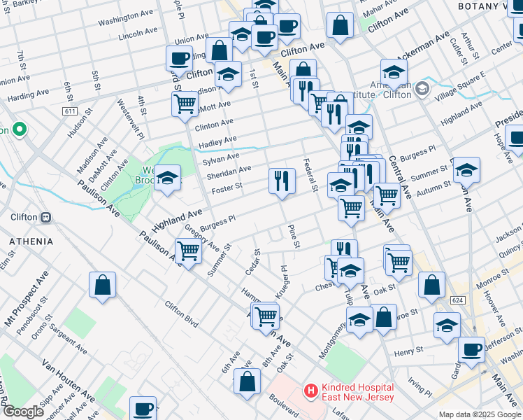 map of restaurants, bars, coffee shops, grocery stores, and more near 235 Burgess Place in Passaic