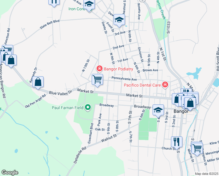 map of restaurants, bars, coffee shops, grocery stores, and more near 47 North 9th Street in Bangor