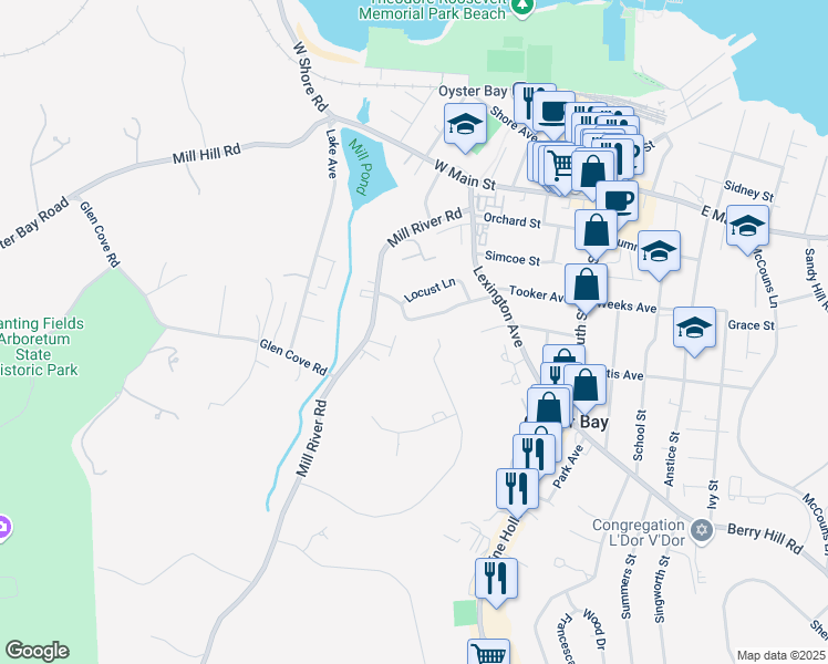 map of restaurants, bars, coffee shops, grocery stores, and more near 19 Centre View Drive in Oyster Bay
