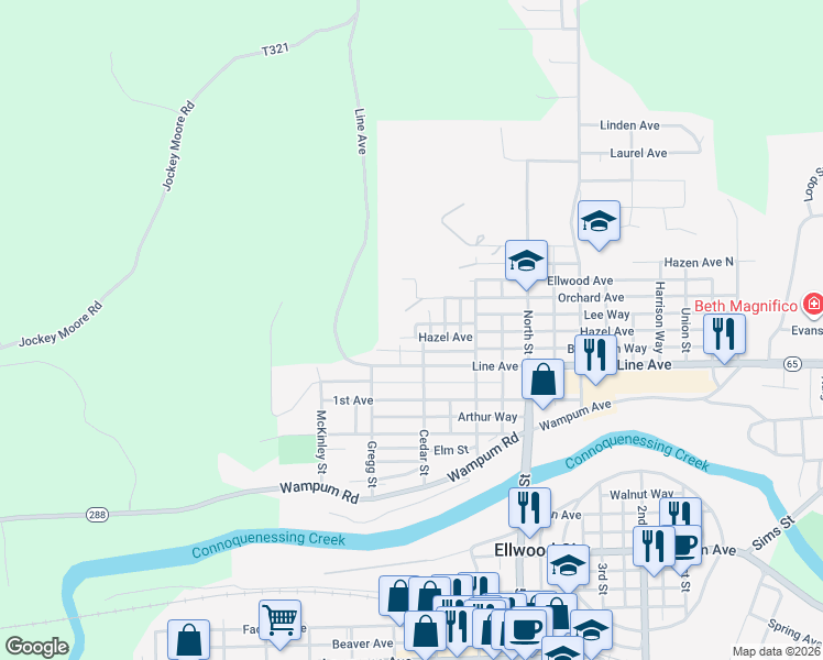 map of restaurants, bars, coffee shops, grocery stores, and more near 724 Buchanan Way in Ellwood City