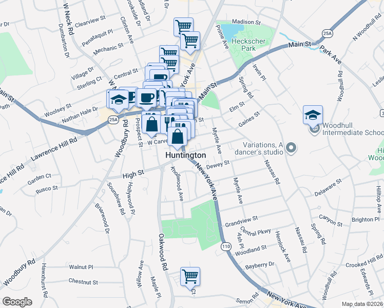 map of restaurants, bars, coffee shops, grocery stores, and more near 414 New York Avenue in Huntington